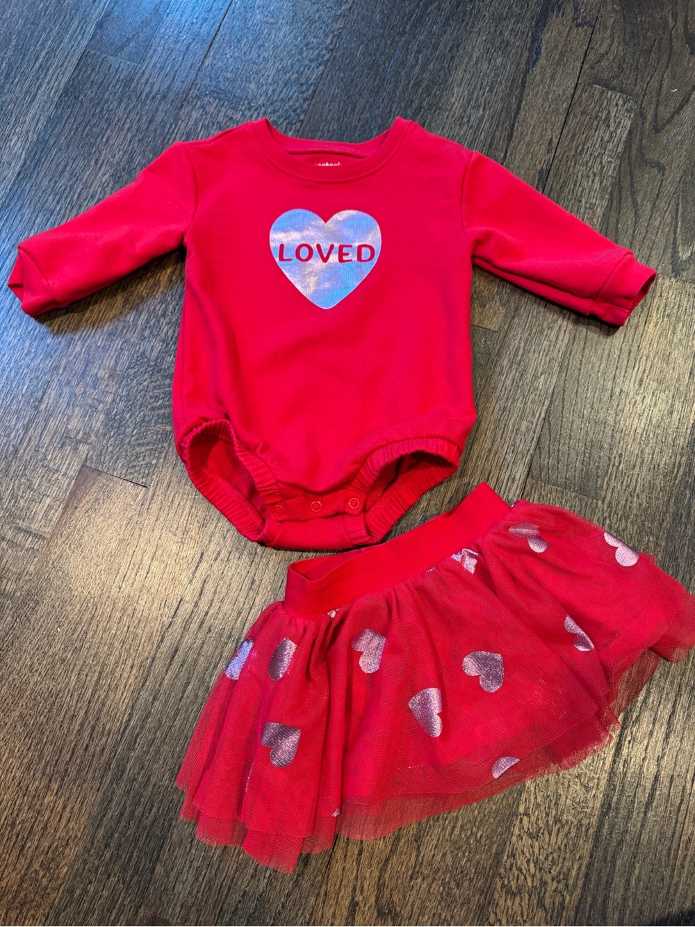 Like new Loved sweatshirt romper with matching heart tutu skirt size 9 months